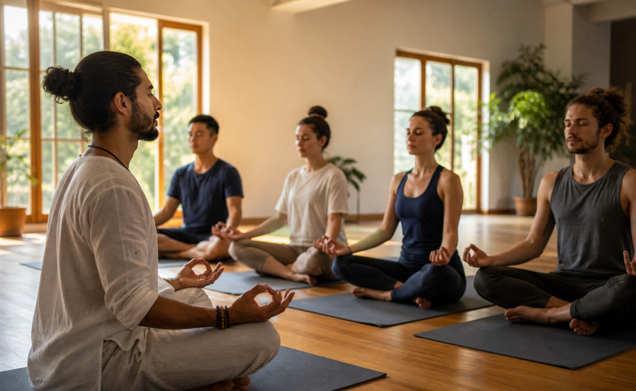 meditation and pranayama session in 100 hour yoga TTC Rishikesh