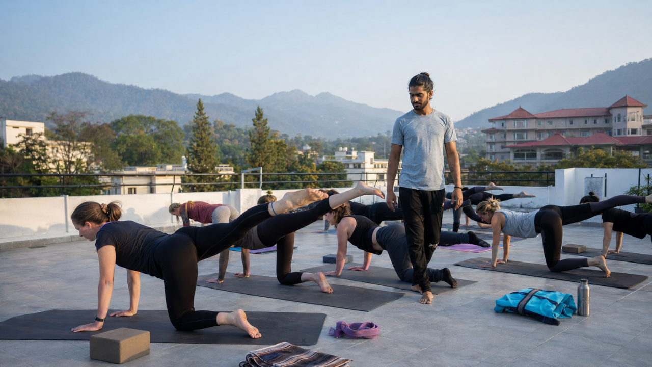 students practicing hatha yoga during 200 hour yoga teacher training in Rishikesh