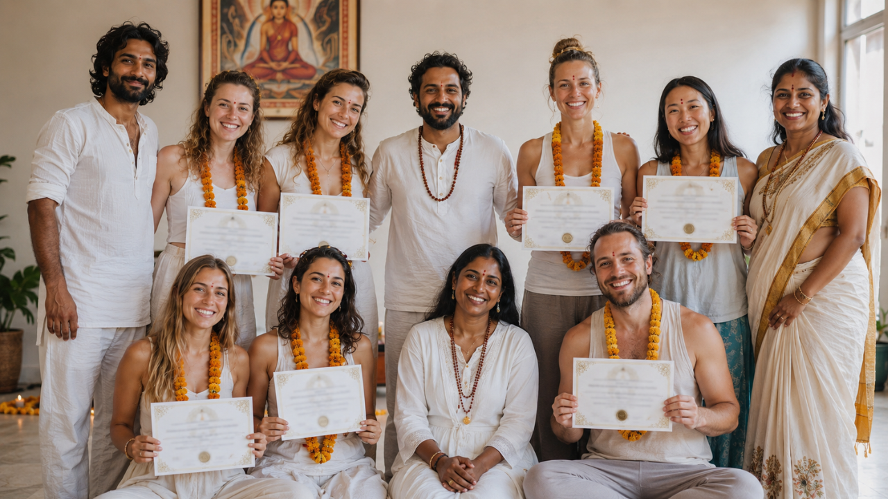 students receiving 200 hour yoga TTC certificate in Rishikesh
