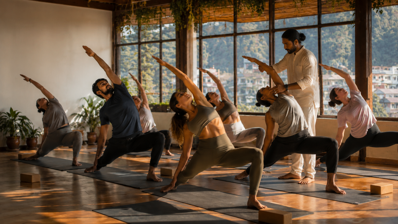 200 hour yoga teacher training students practicing yoga in Rishikesh
