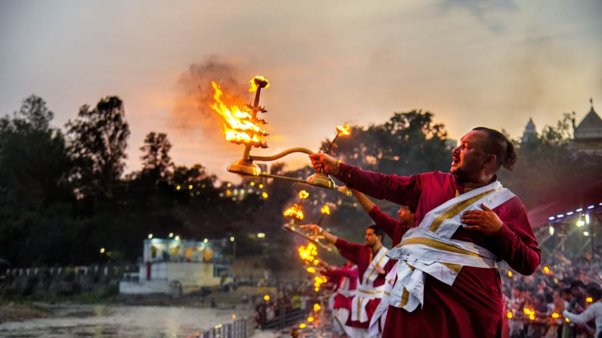 Devotees attending Ganga Aarti in Rishikesh