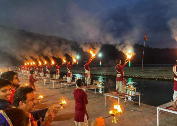 Devotees attending peaceful Ganga Aarti in Rishikesh