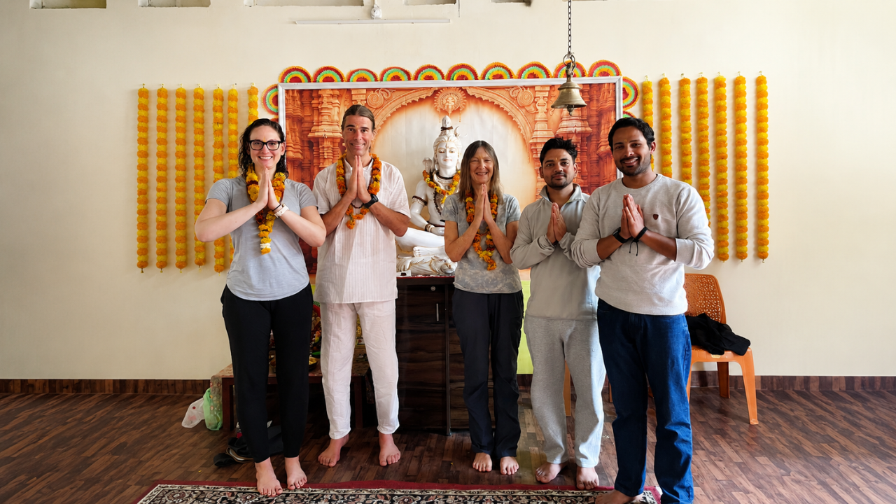 Students during a traditional welcome ceremony at the 10-Day Himalayan Yoga Meditation Retreat in Rishikesh