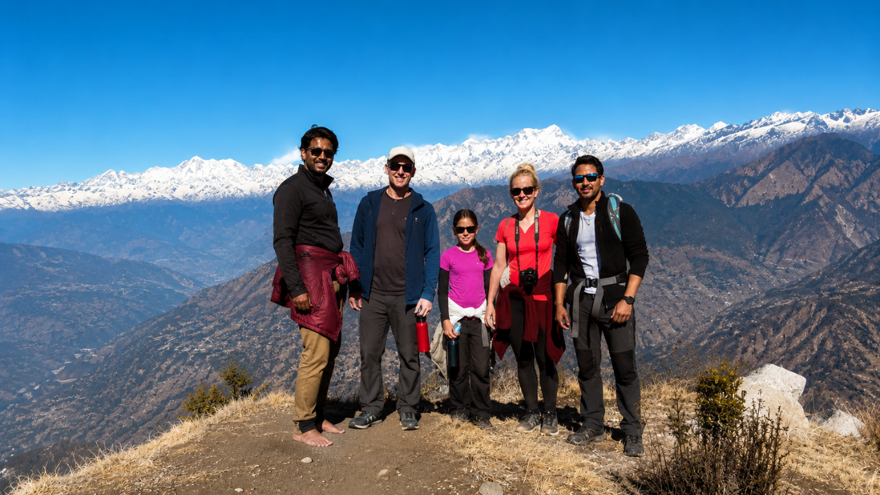Yoga retreat group enjoying Himalayan mountain views during a retreat experience in Rishikesh