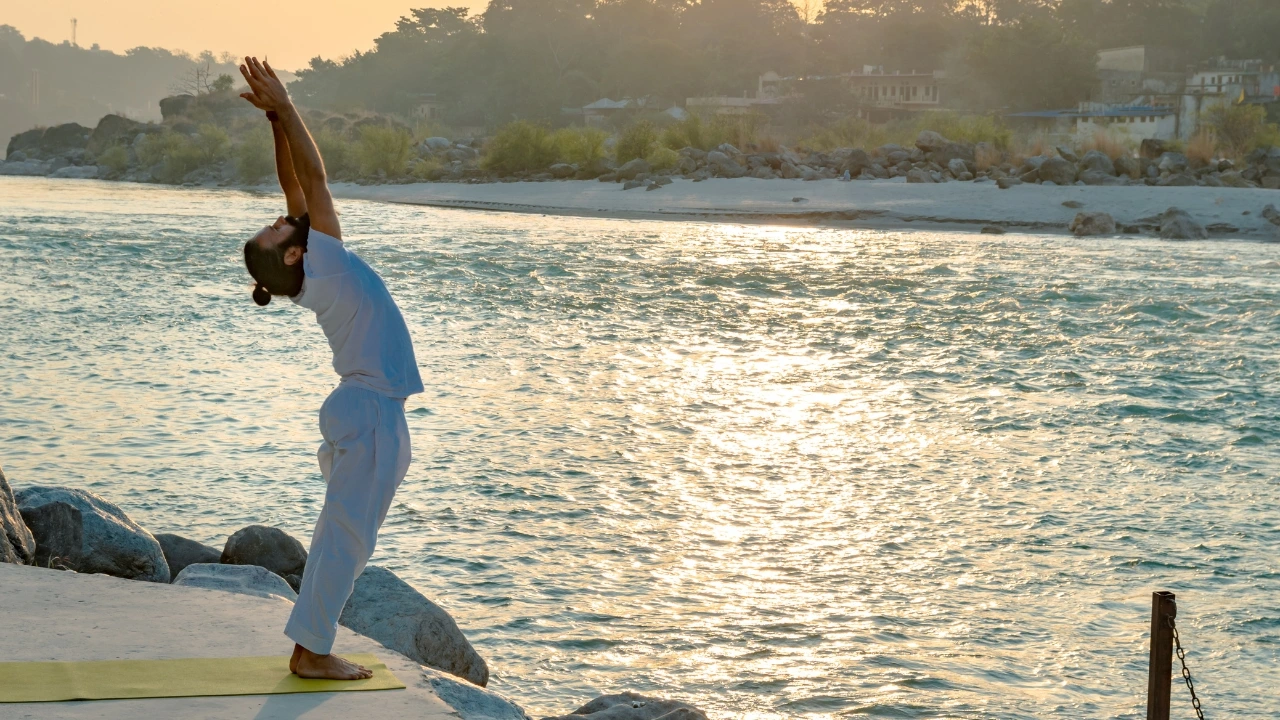 Pranayama breathing techniques during 3-day yoga retreat in Rishikesh