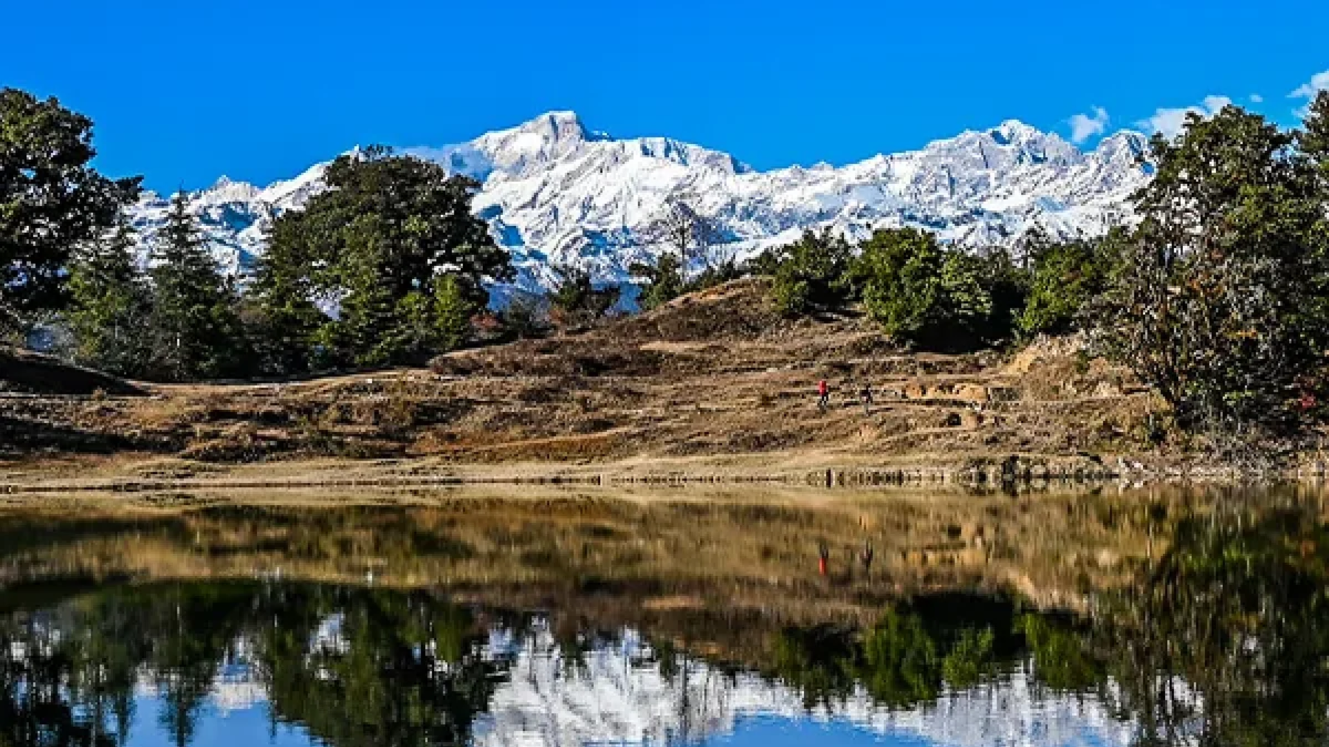 Yoga retreat group at Deoria Tal with Chaukhamba reflection