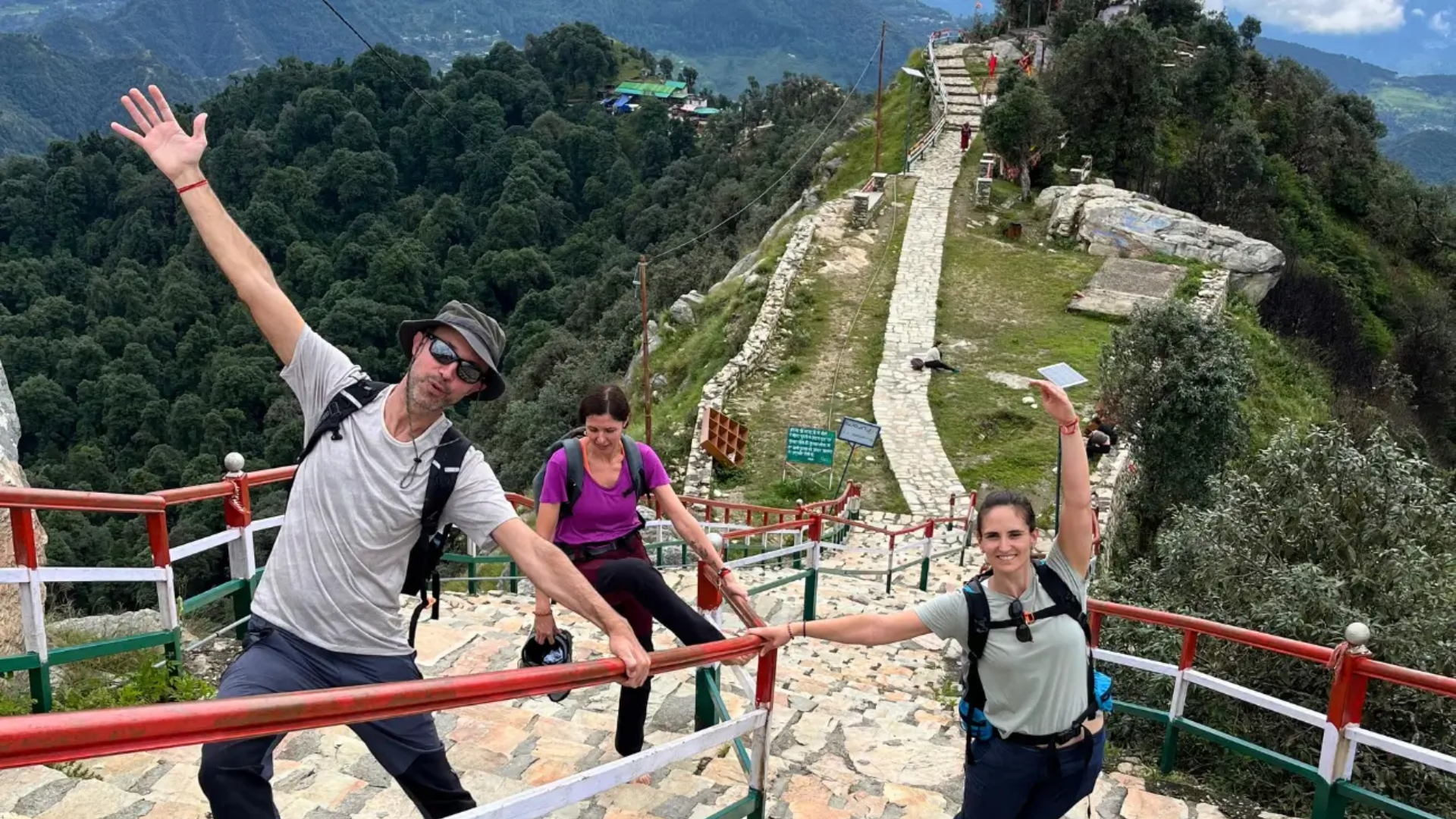Yoga retreat participants trekking to Kartik Swami Temple in Uttarakhand