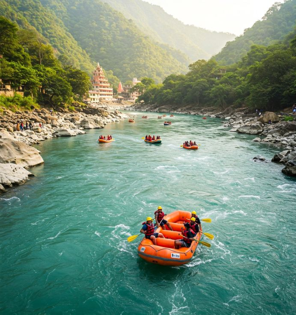 Group enjoying river rafting in Rishikesh on Ganga