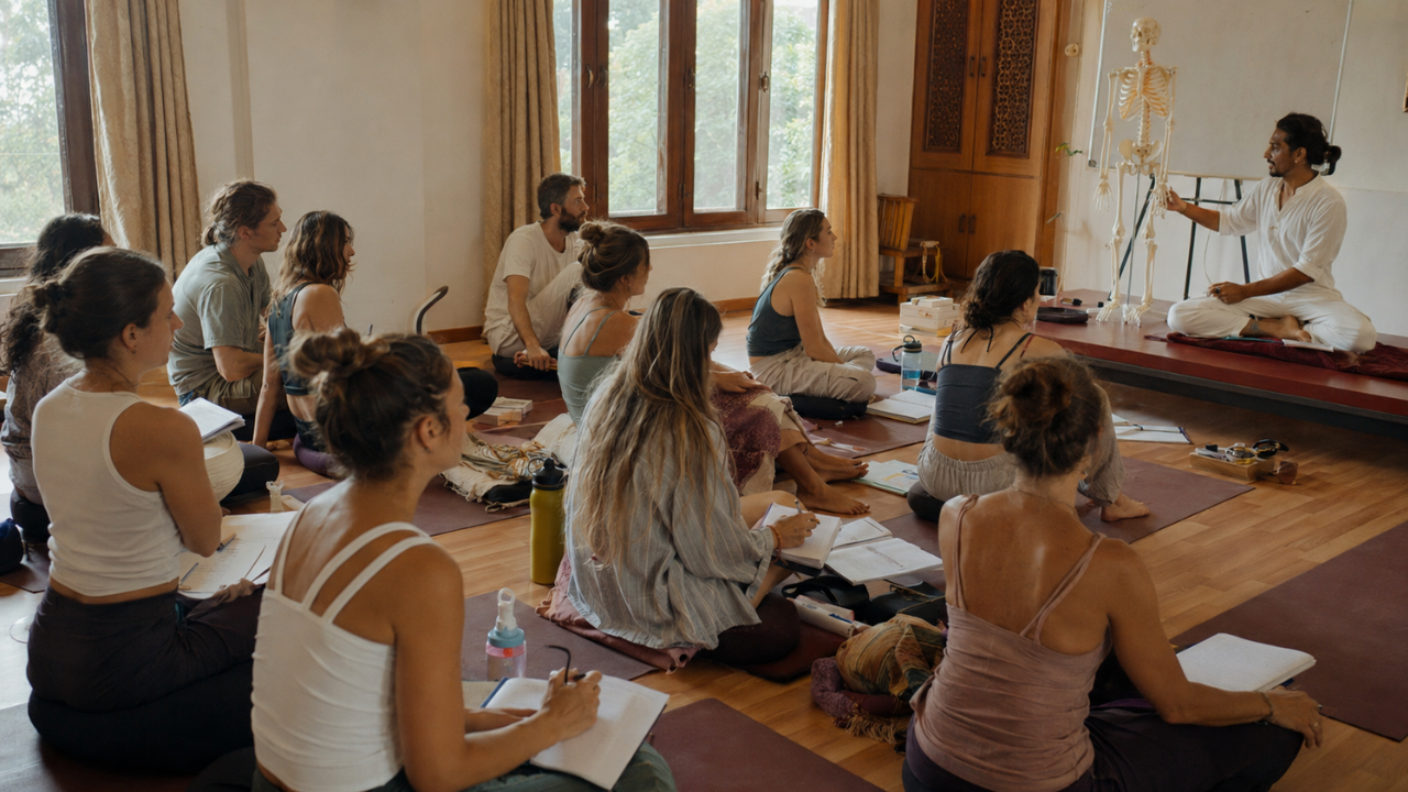 Yoga teacher training students learning teaching methodology in a 200 hour course in Rishikesh