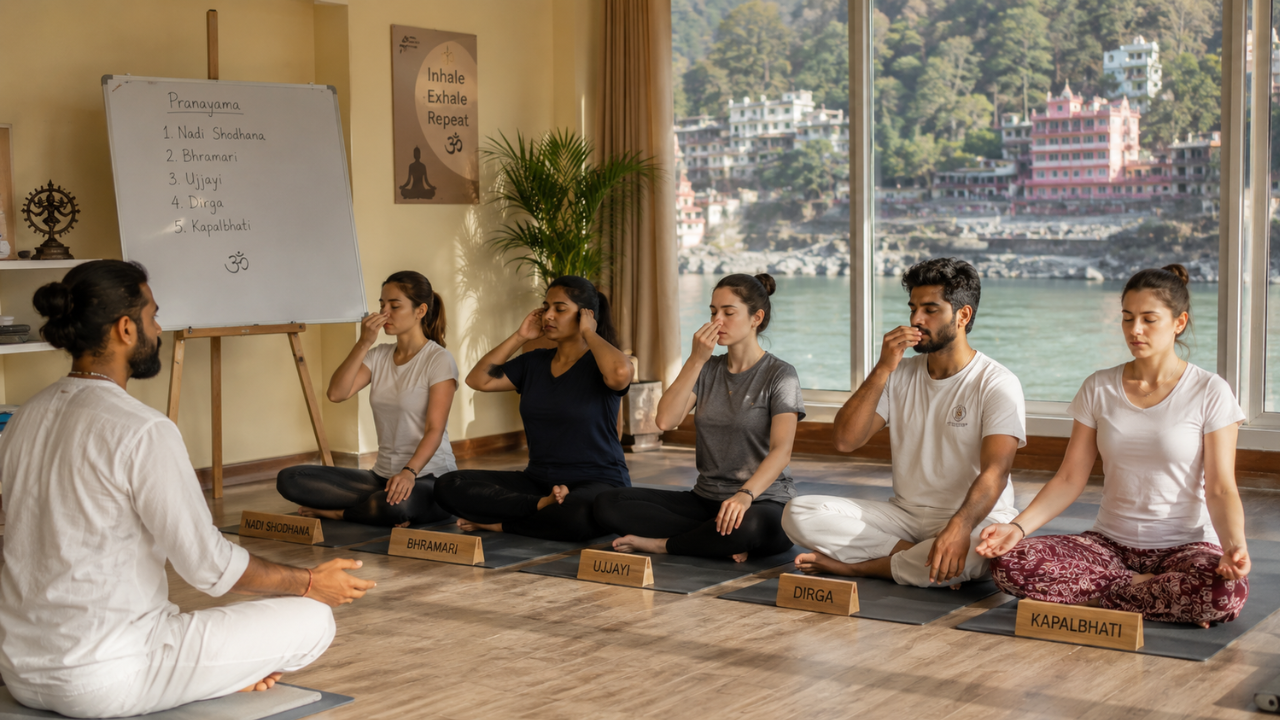 Five beginner pranayama breathing techniques shown in a yoga class setting in Rishikesh