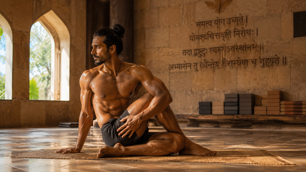 Ashtanga yoga practitioner moving through Primary Series poses with focused breath