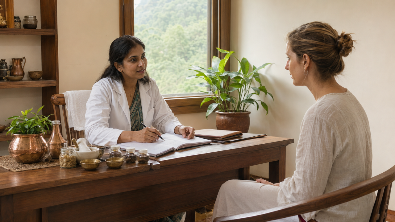 Ayurveda doctor consultation session at Adishesh Yoga Rishikesh retreat