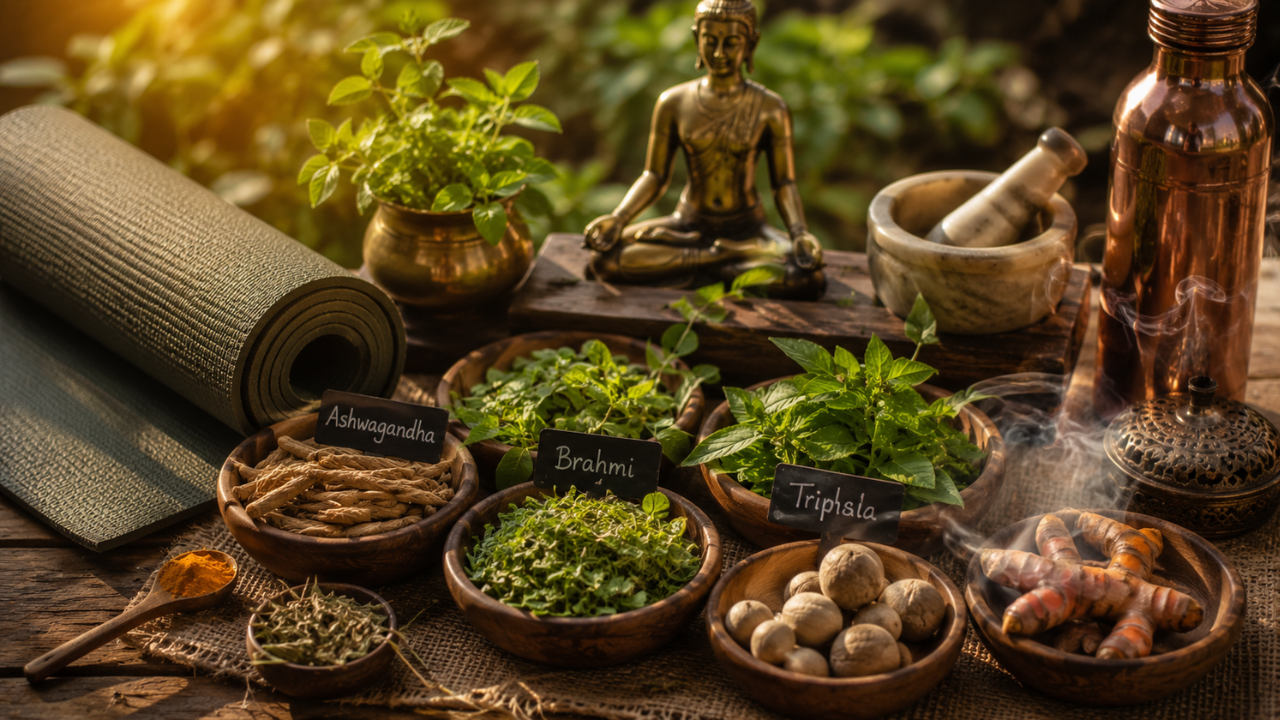 Ayurvedic herbs used alongside yoga practice — ashwagandha brahmi tulsi triphala and turmeric on a wooden surface