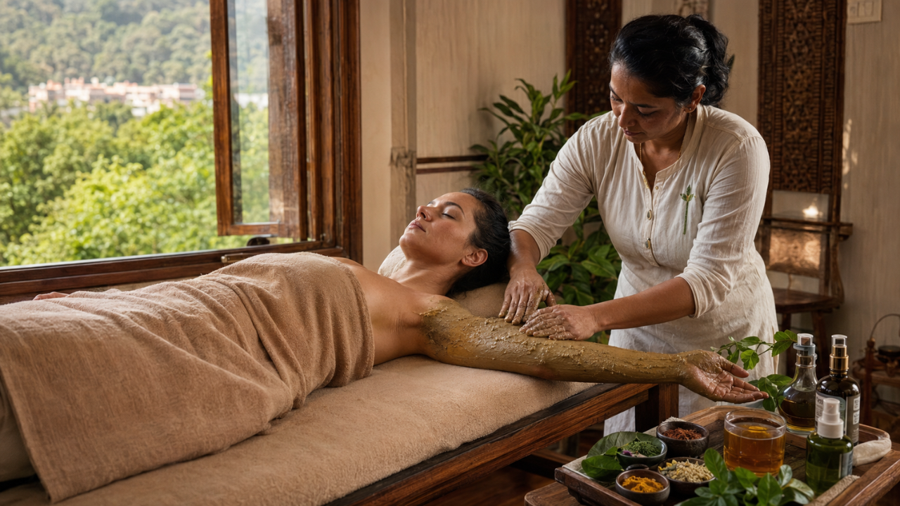 Ayurveda Shirodhara oil therapy session at a Rishikesh wellness retreat