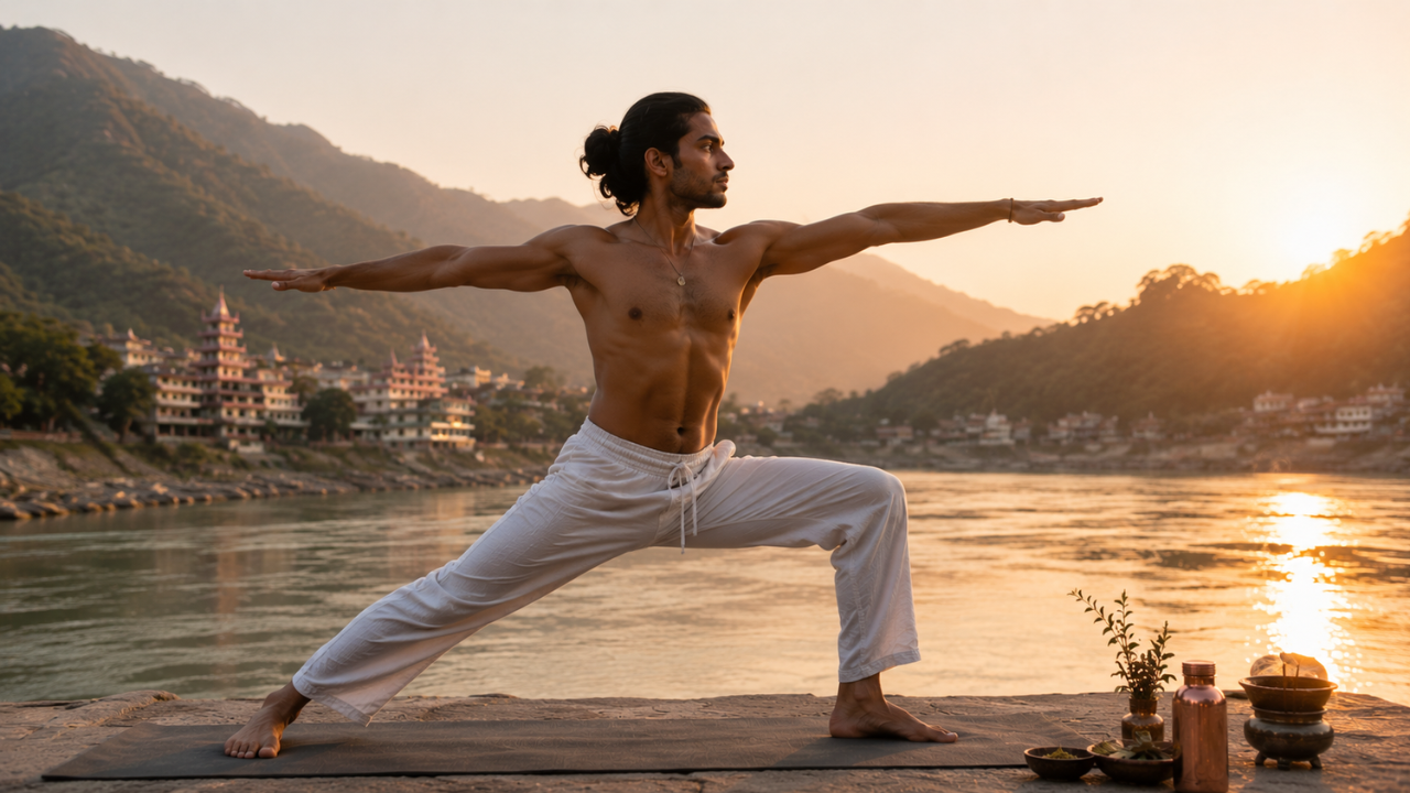 Kapha dosha energising yoga — person doing active Vinyasa yoga to balance Kapha energy in Ayurveda