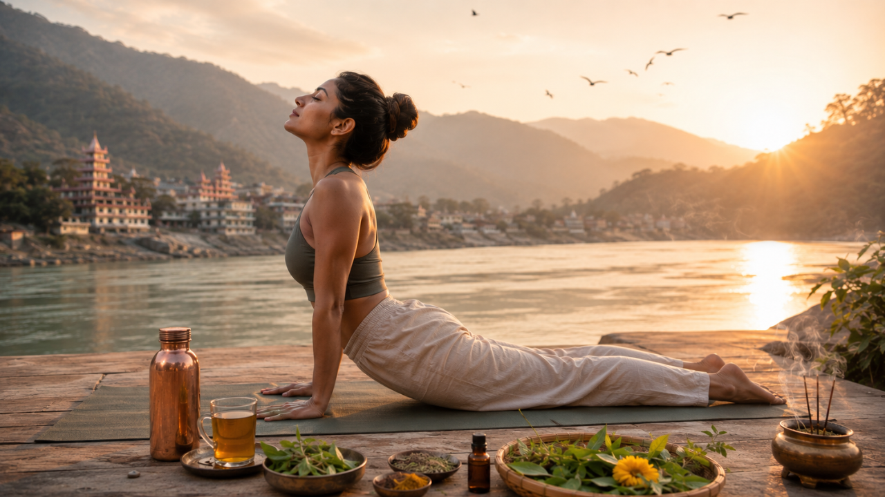 Ayurveda and yoga morning routine — woman doing yoga at sunrise with Ayurvedic herbs and warm drink on the side