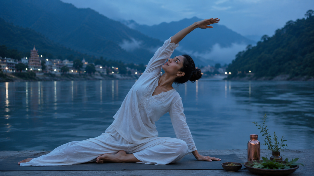 Pitta dosha cooling yoga practice — woman doing gentle yoga near water to balance Pitta in Ayurveda