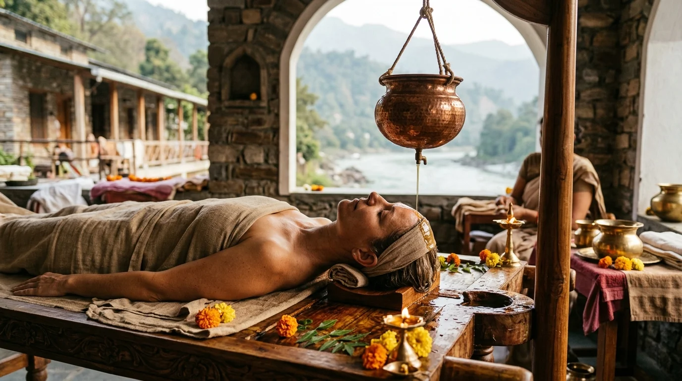 Authentic Ayurvedic Shirodhara treatment with warm herbal oil flowing on the forehead in Rishikesh ashram