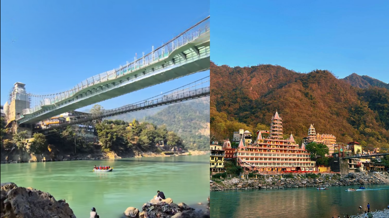 Ganges river view from Bajrang Setu glass bridge in Rishikesh