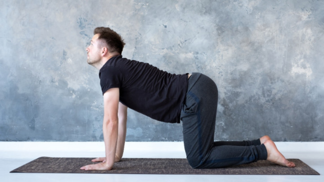 Person practicing basic yoga poses like cat cow and downward dog for body preparation