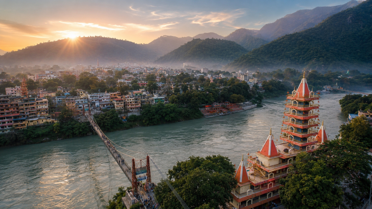 Best time to visit Rishikesh for a yoga retreat — clear morning view of the Ganga river and Himalayan peaks in winter