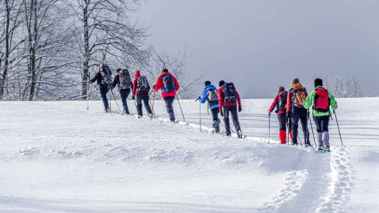 Trekkers walking on snow-covered Himalayan trail during winter trekking in India