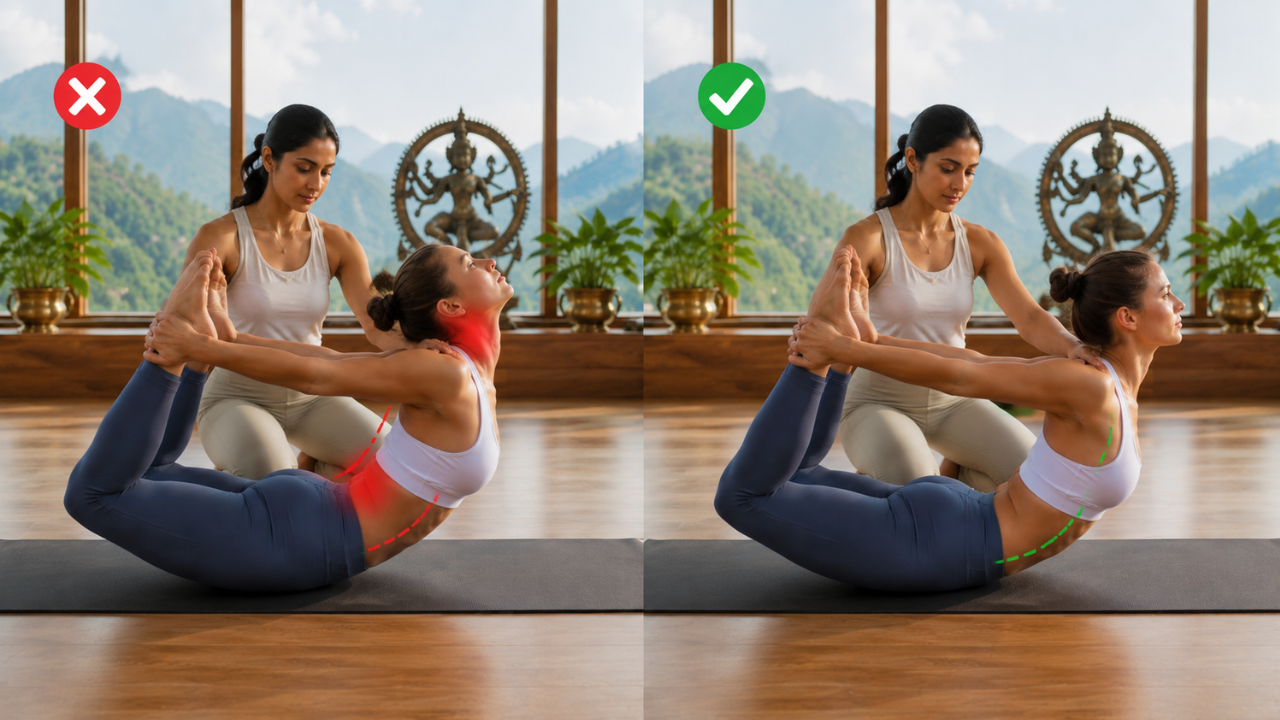 Side by side comparison showing wrong and correct Bow Pose alignment — neck thrown back vs neck soft and forward