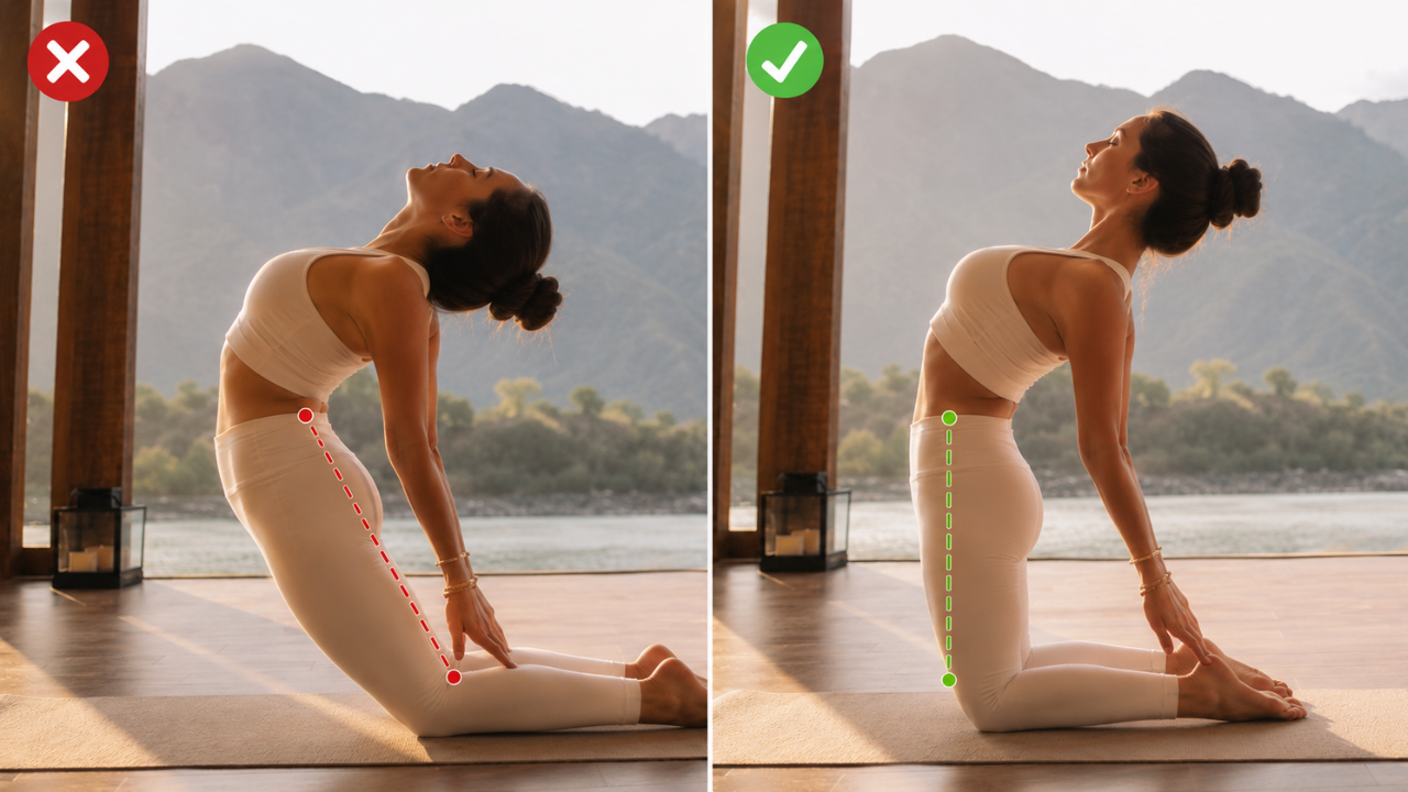 Side by side showing wrong and correct Camel Pose alignment — hips behind knees vs hips stacked over knees in proper Ustrasana