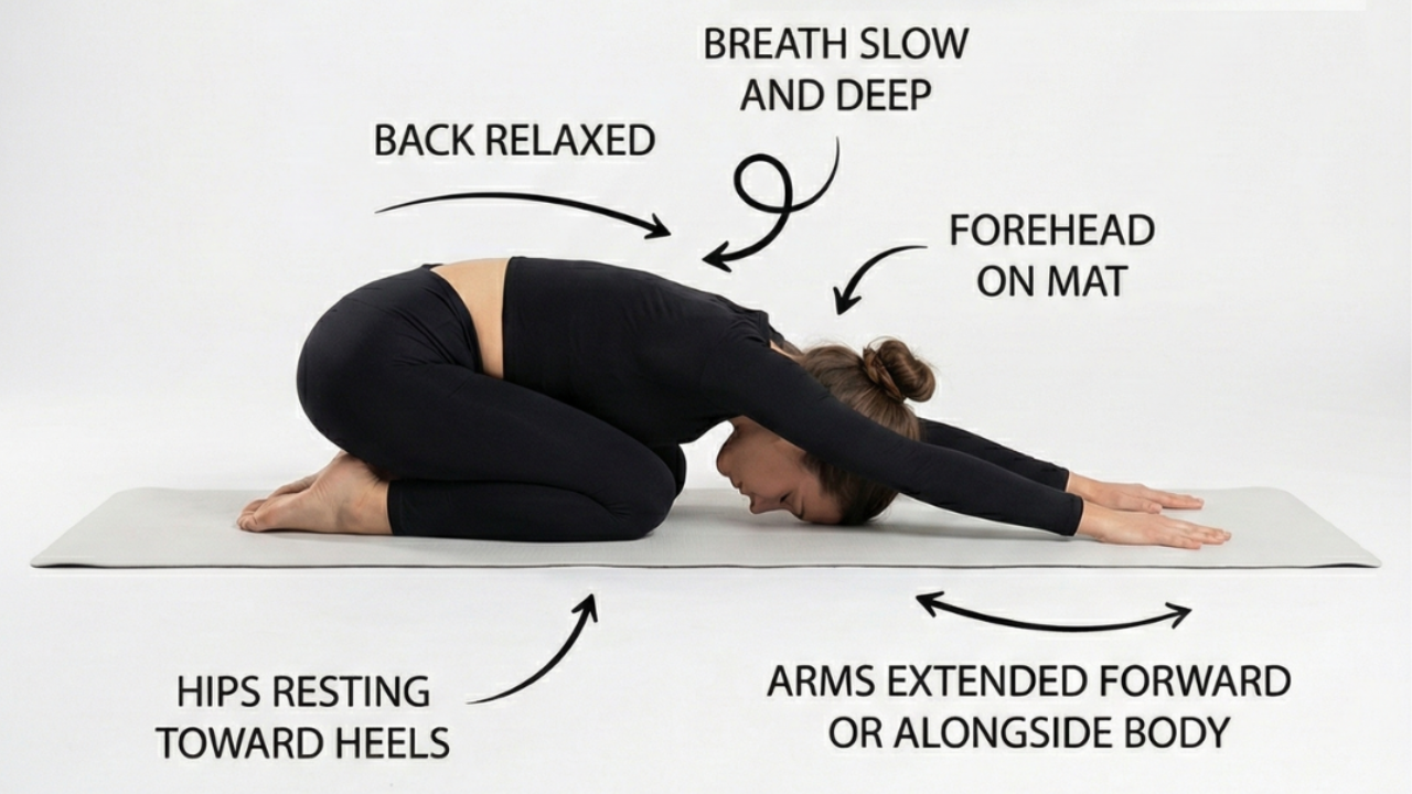Benefits of Child's Pose for back pain relief stress reduction and relaxation