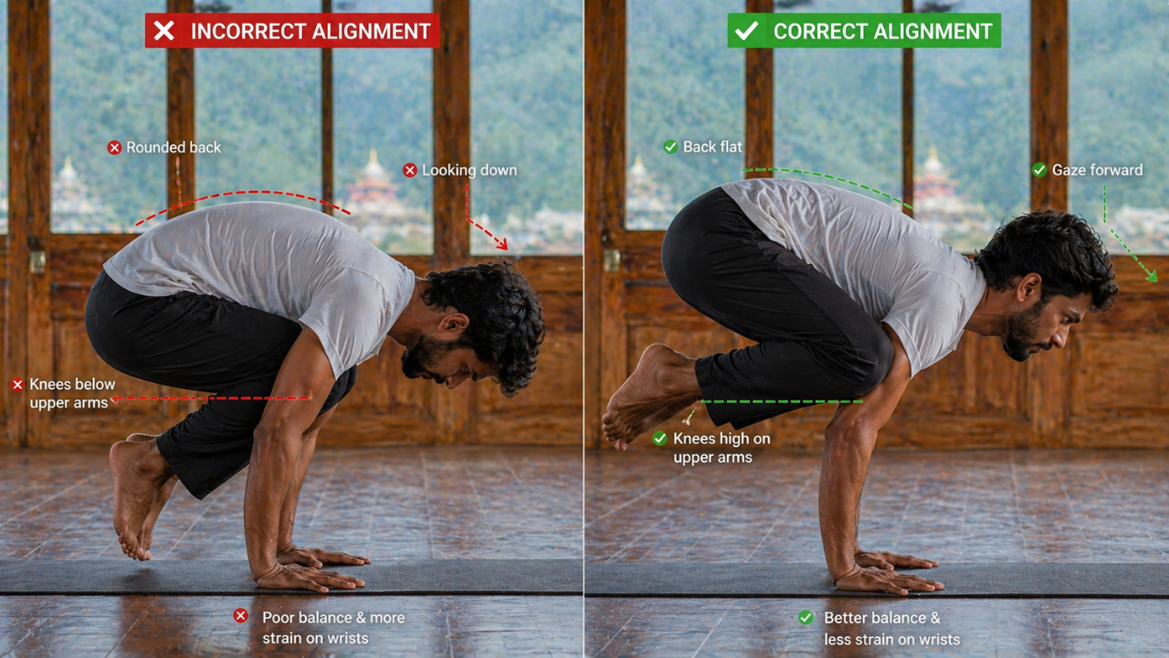 Common alignment mistakes in Crow Pose (Bakasana) with correction cues