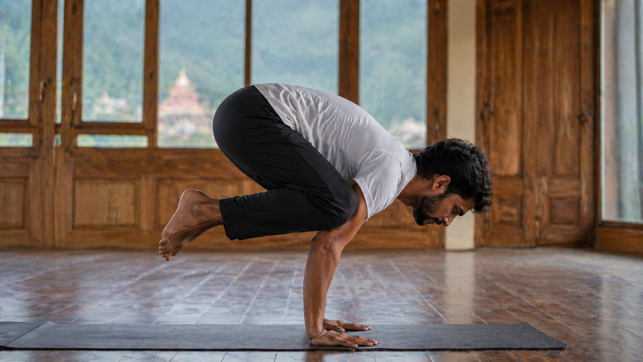 Benefits of Crow Pose (Bakasana) shown during yoga practice at Adishesh Yoga Rishikesh
