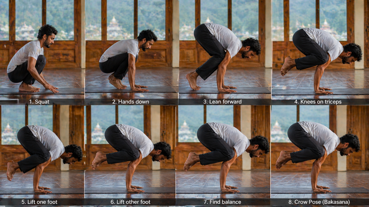 Step by step guide showing how to do Crow Pose (Bakasana) correctly with alignment cues