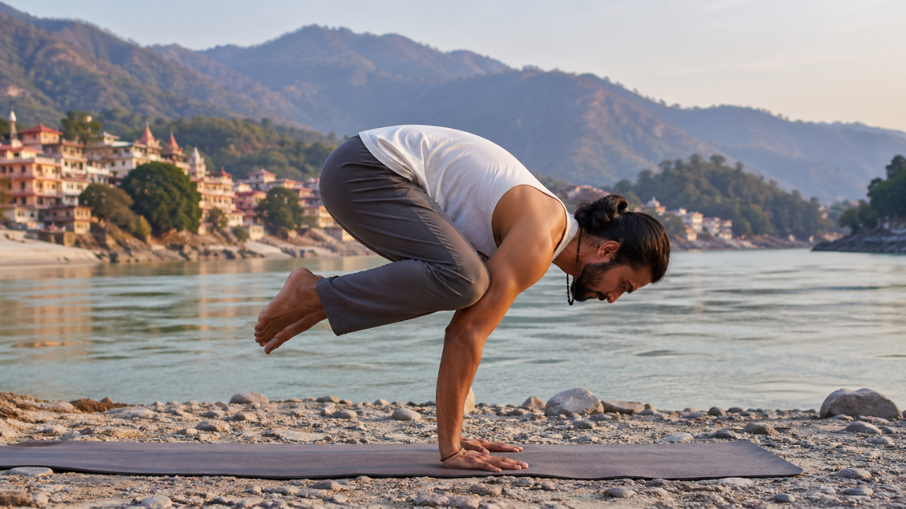 Person practicing Crow Pose Bakasana yoga asana for arm strength and balance