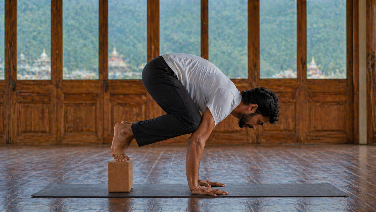 Beginner modification of Crow Pose using a yoga block under the feet