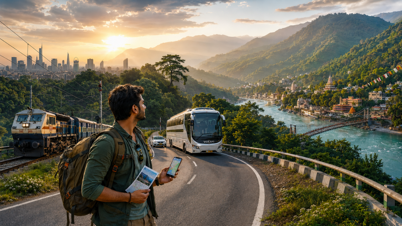 Traveler route from Delhi to Rishikesh showing train tracks and highway leading toward the Himalayan foothills