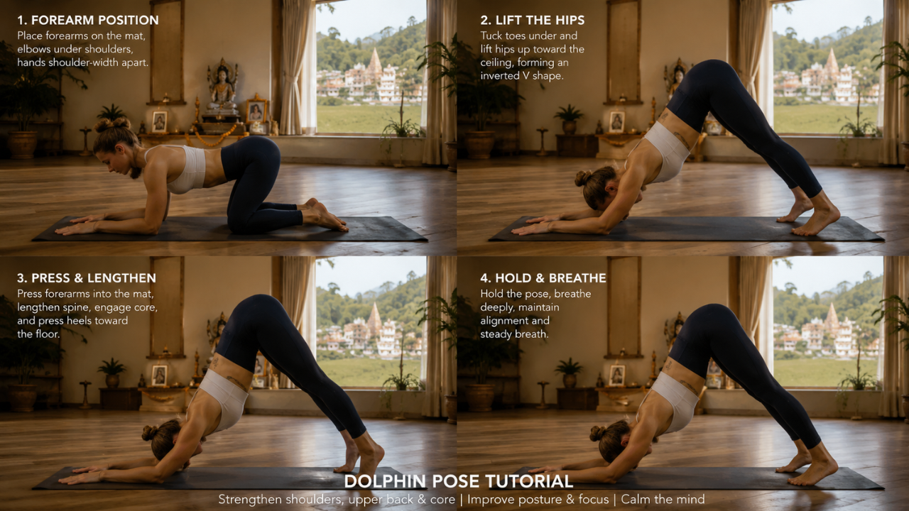 Step by step Dolphin Pose yoga instructions shown on a yoga mat — forearms placed parallel, hips lifted, heels pressing down