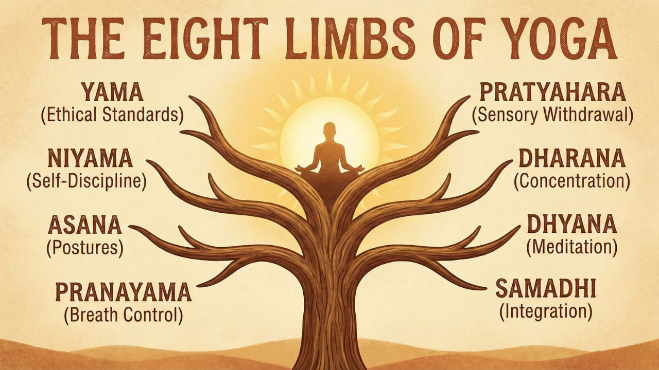 Eight limbs of yoga diagram showing complete Ashtanga yoga philosophy