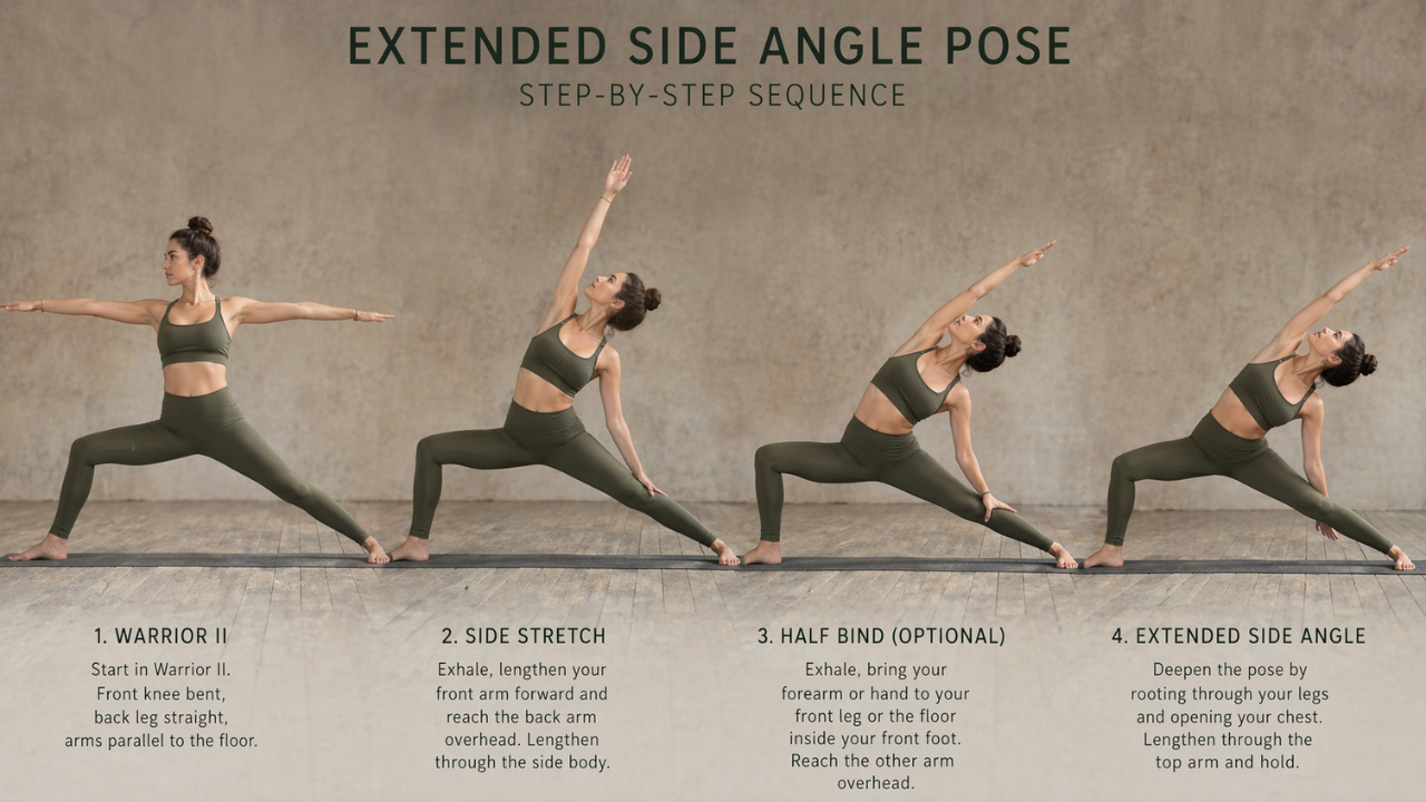 Step by step guide showing how to do Extended Side Angle Pose correctly