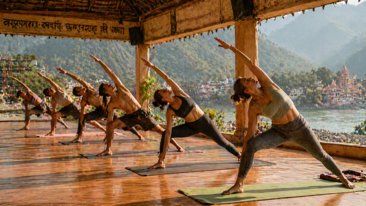 Students practicing Extended Side Angle Pose in yoga class