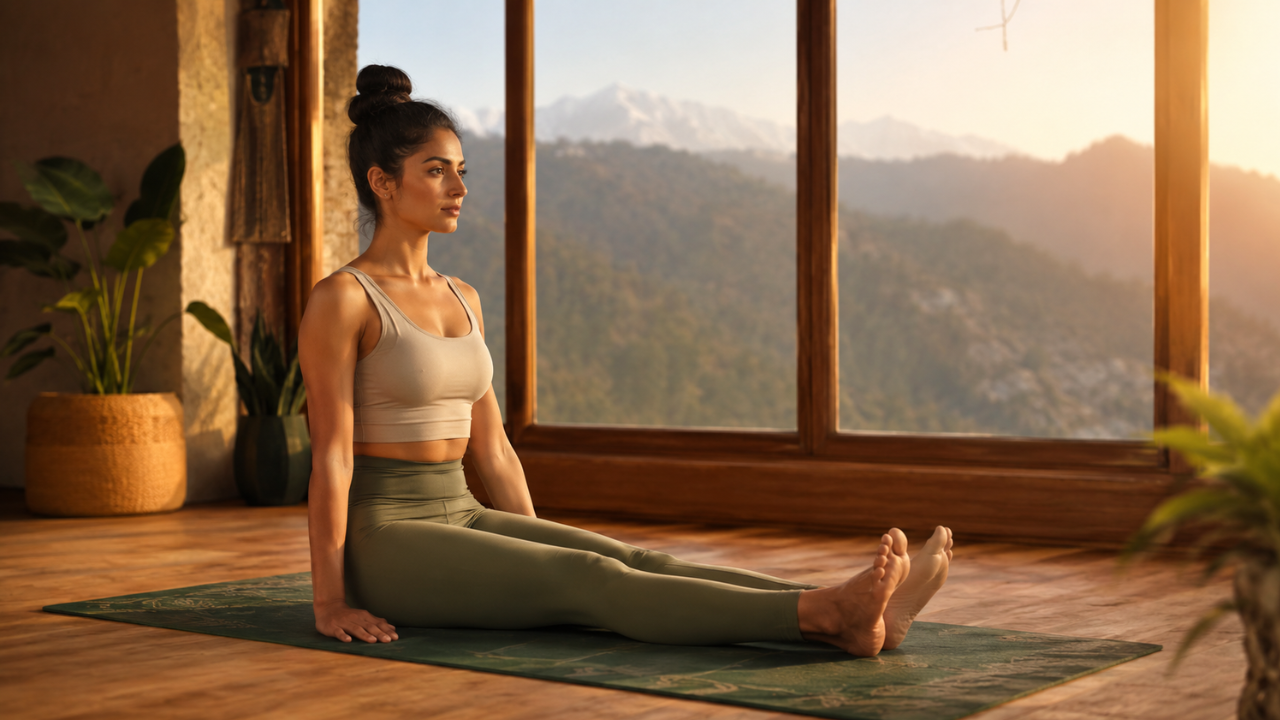 Yoga practitioner sitting in Fire Log Pose (Agnistambhasana) with shins stacked on a mat in Rishikesh — both knees bent, feet flexed, spine upright