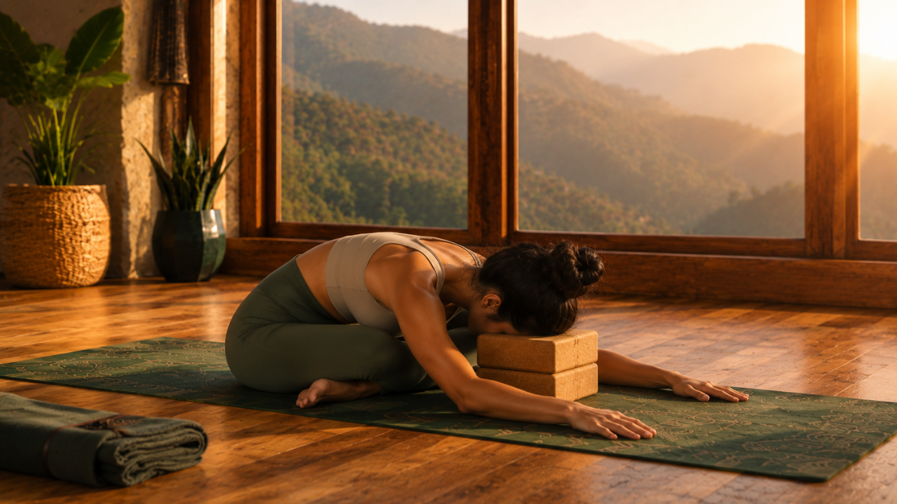 Yoga practitioner in Fire Log Pose forward fold with chest lowered over stacked shins for deep hip release and groin stretch