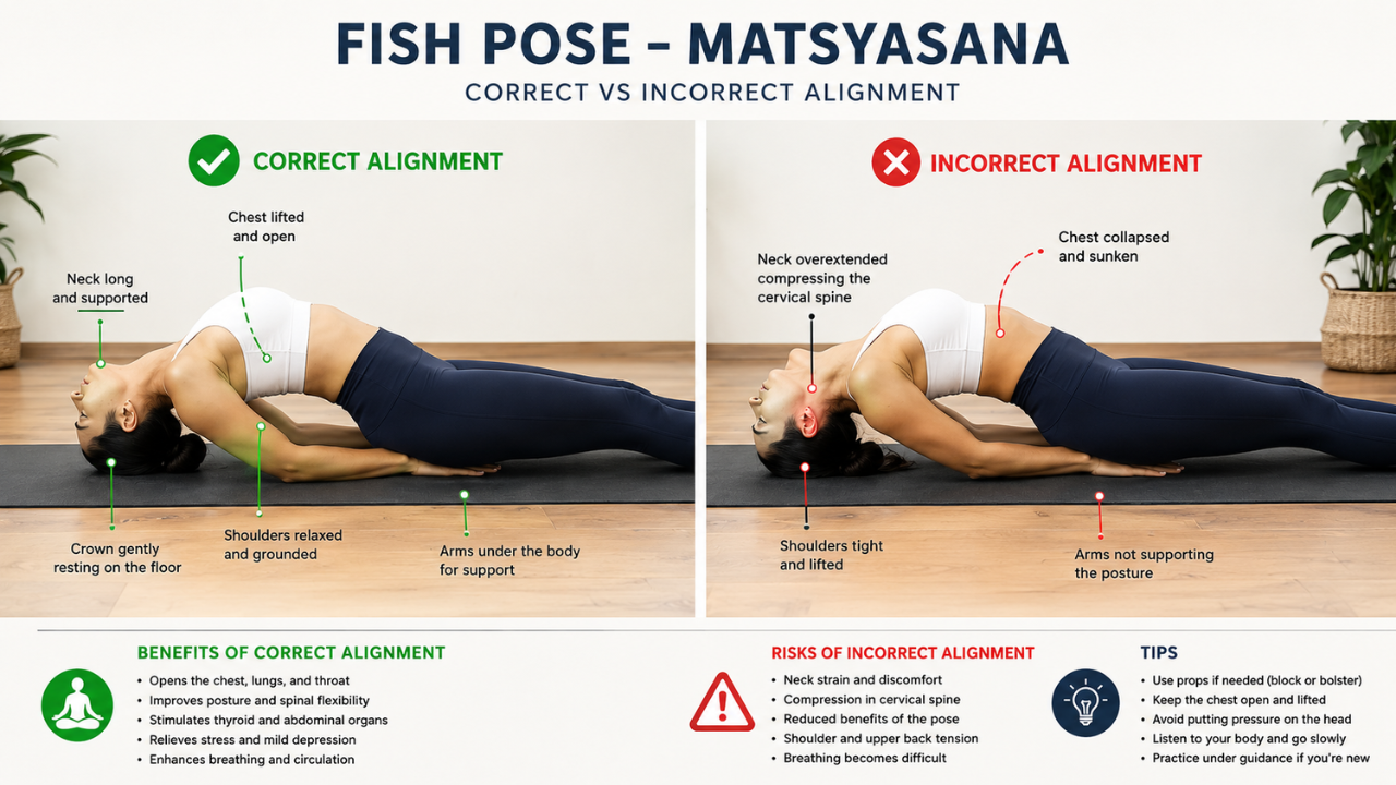 Common alignment mistakes in Fish Pose with correction cues