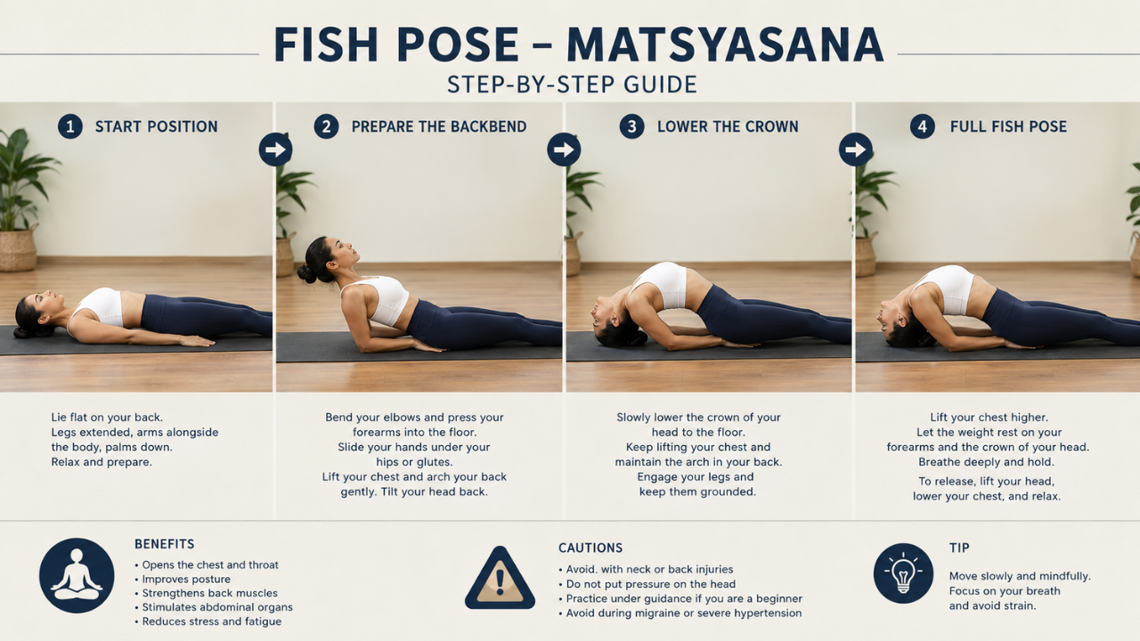 Step by step guide showing how to do Fish Pose Matsyasana correctly