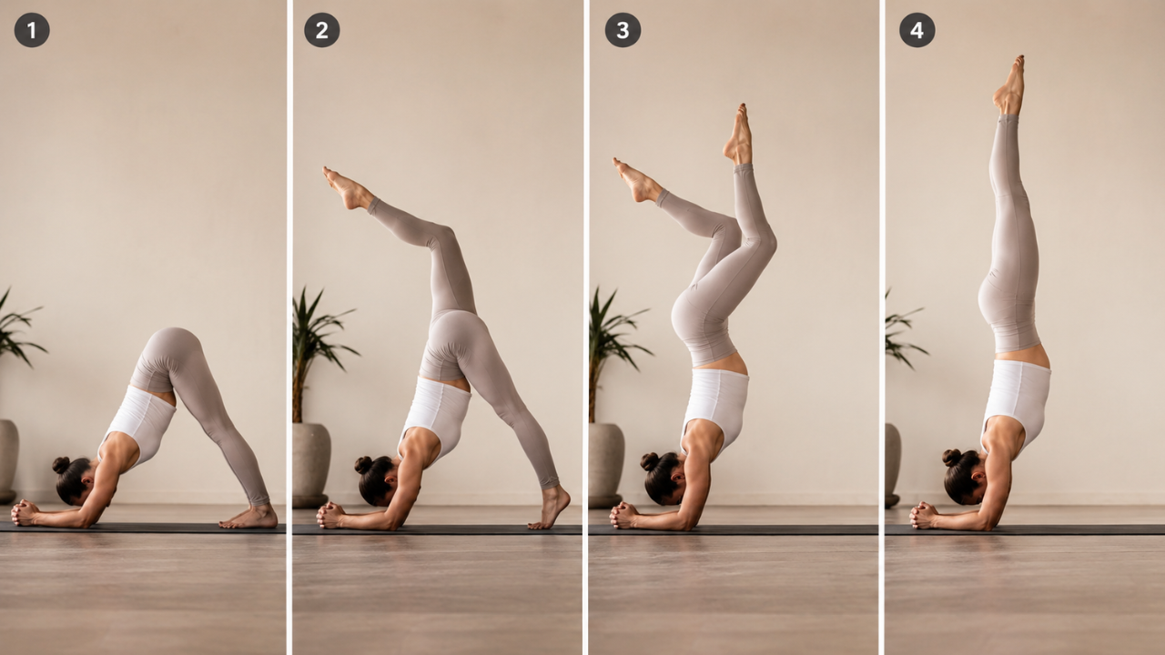 Benefits of Forearm Stand Pose (Pincha Mayurasana) shown during yoga practice