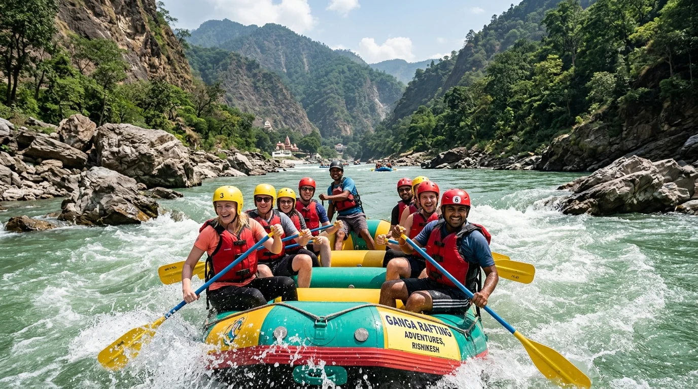 Joyful tourists enjoying white water river rafting excursion on the emerald green Ganga river in Rishikesh canyon