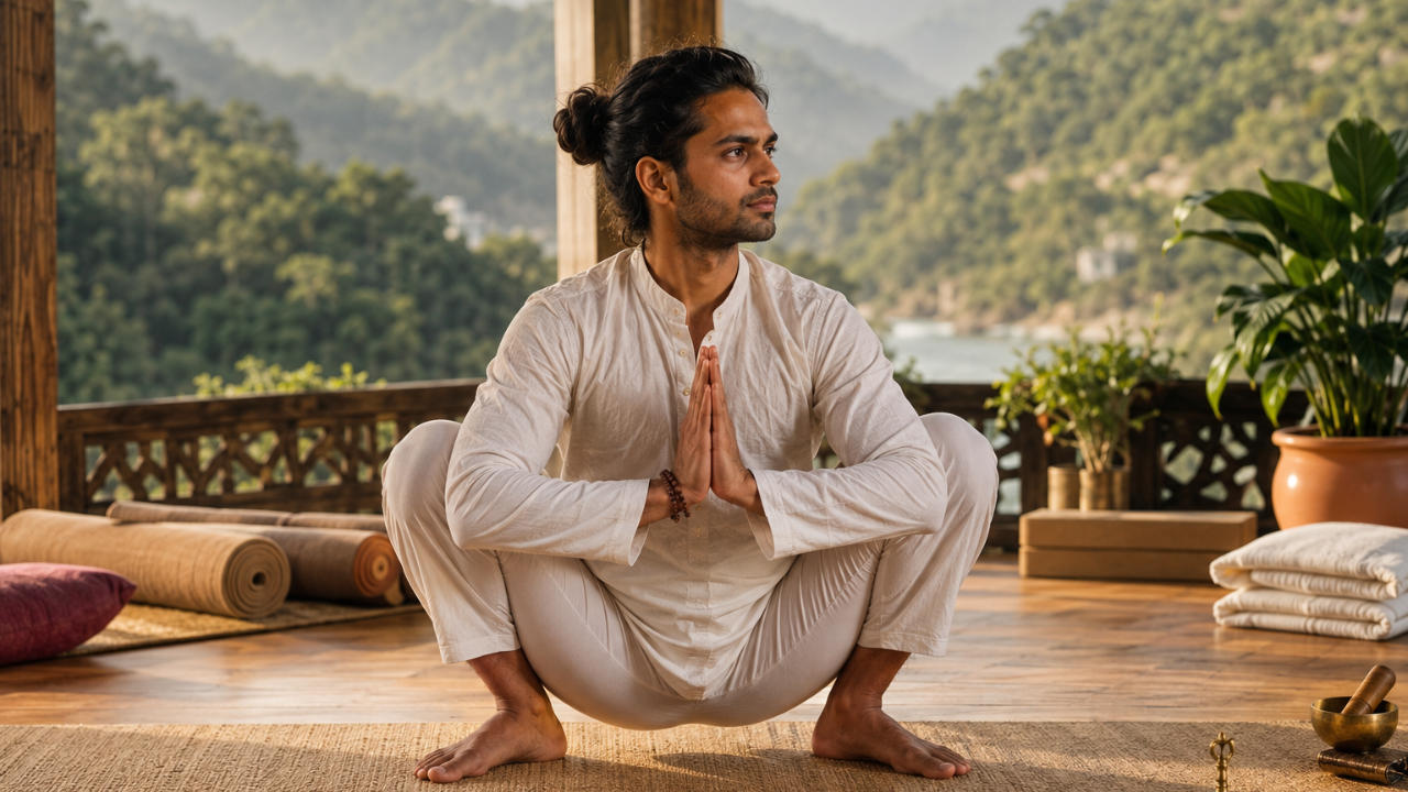 Yoga practitioner in Garland Pose (Malasana) deep squat with palms together at chest and heels grounded on mat in Rishikesh