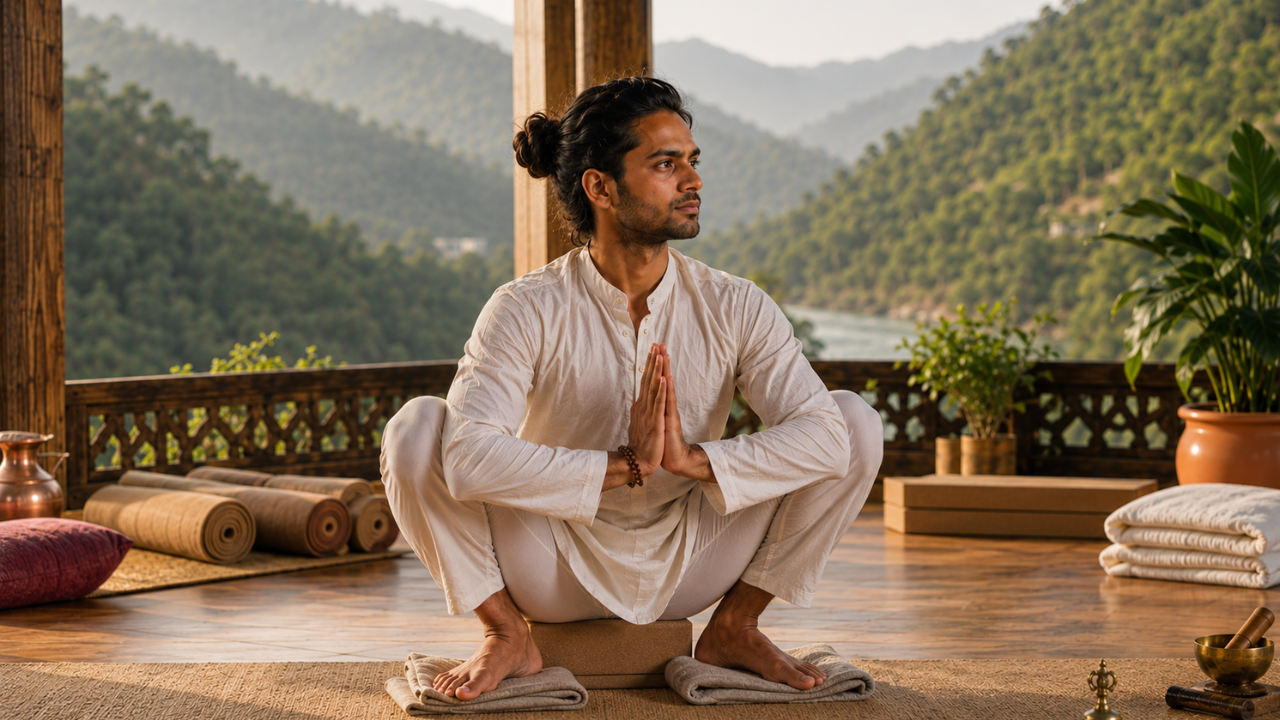 Beginner practicing supported Garland Pose Malasana with folded blanket under heels and yoga block behind hips for balance