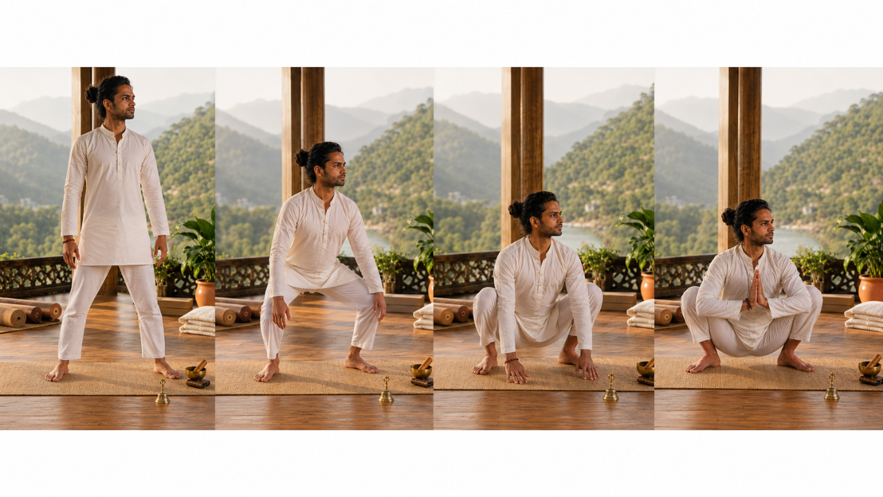 Step by step Garland Pose (Malasana) instructions — standing wide, lowering into squat, pressing palms together, opening knees with elbows