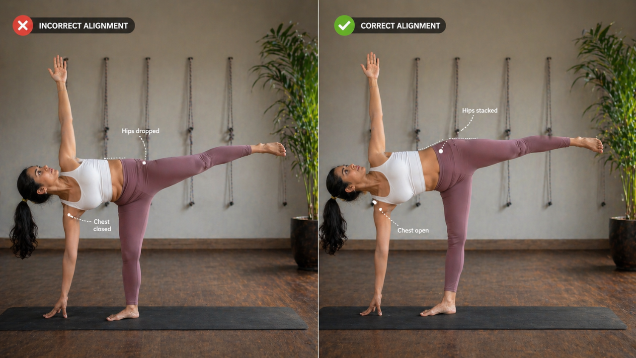 Common alignment mistakes in Half Moon Pose with correction cues