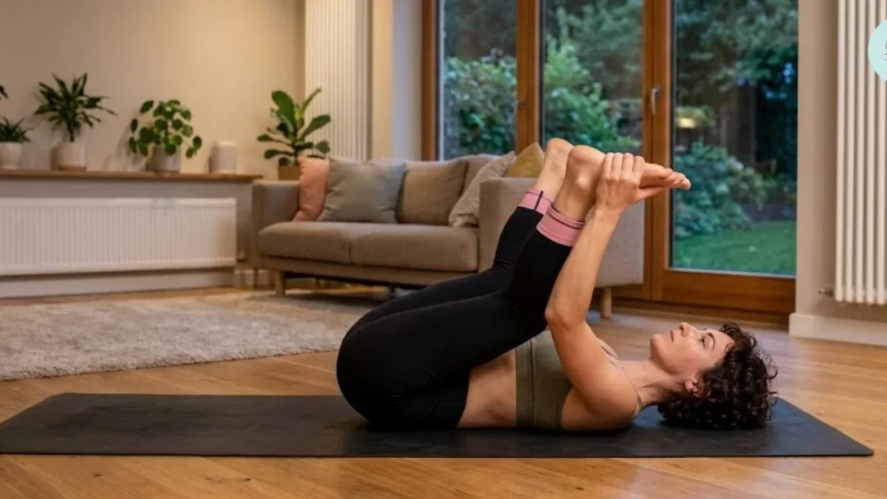 Beginner practicing supported Happy Baby Pose Ananda Balasana with a yoga strap around each foot for easier reach